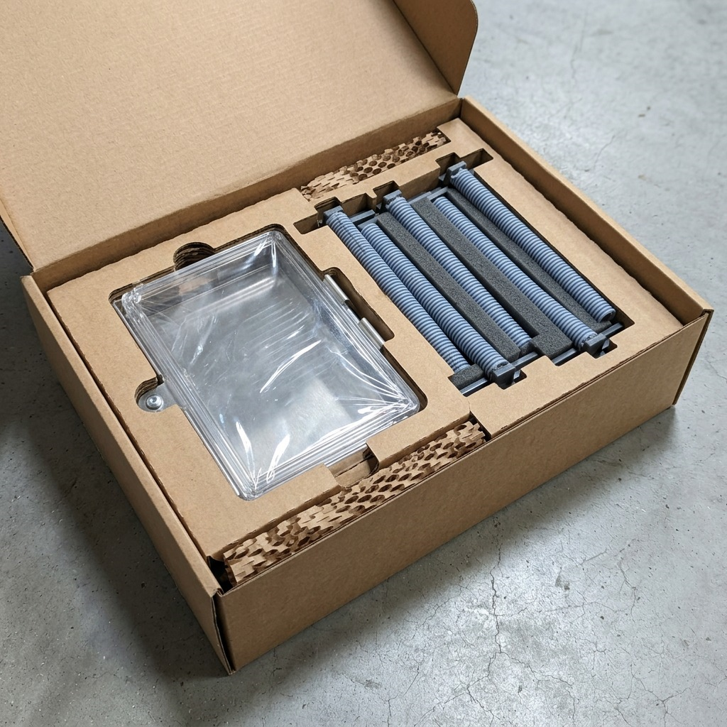 Unboxing RAKABOT Titan 6-Tier Pipe Kit components secured in protective cardboard shipping inserts.