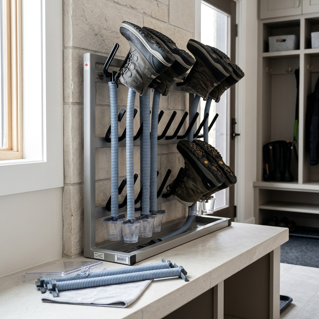 Rakabot Titan 6-Tier Pipe Kit with boots and drainage hoses in a residential mudroom setting.
