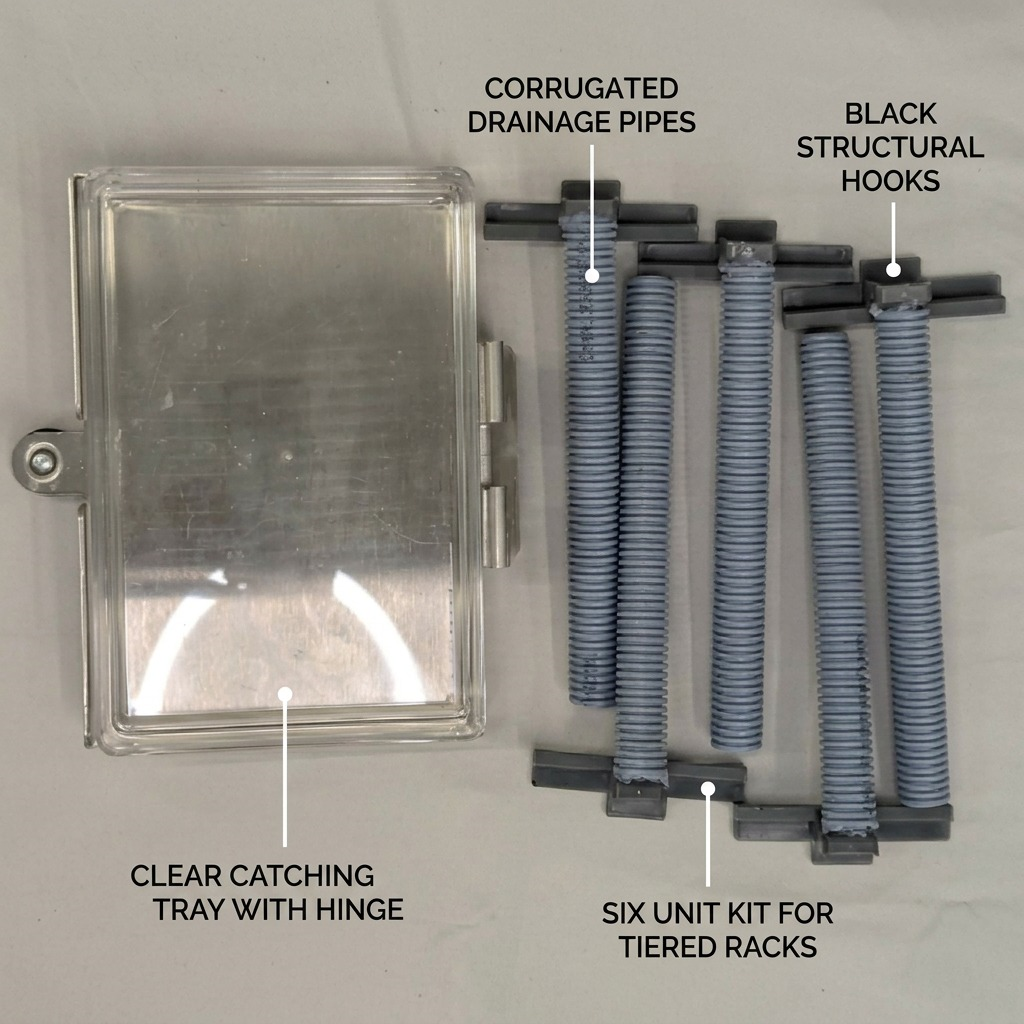 Rakabot Titan 6-tier drainage kit showing corrugated pipes, black hooks, and clear catching tray.