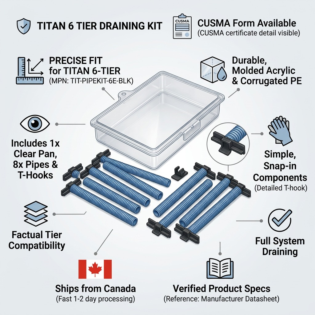 Rakabot Titan 6-Tier Draining Pipe Kit infographic showing clear pan, 8 pipes, and T-hooks.