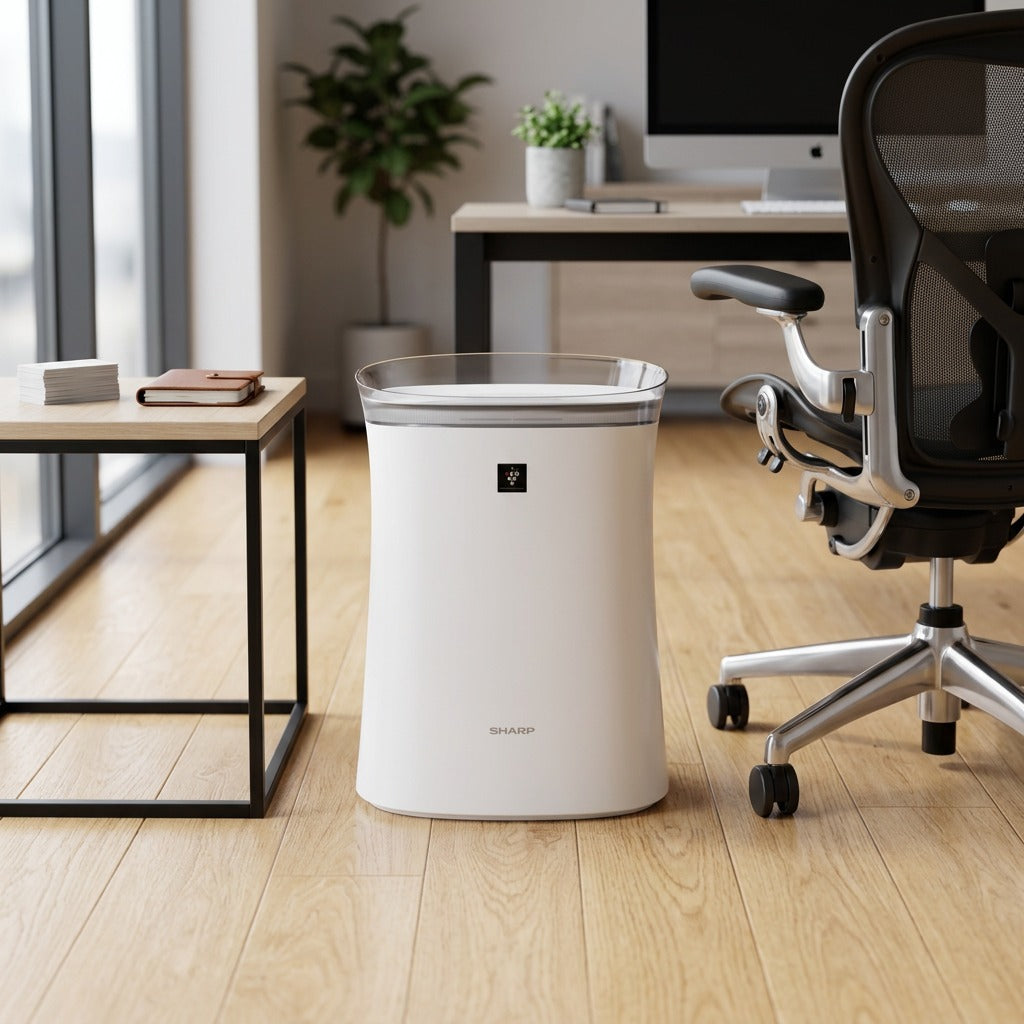 Sharp FPK50UW air purifier positioned between a side table and office chair for scale reference.