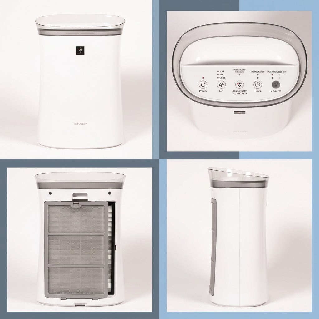 Four views of the Sharp FPK50UW Air Purifier including front, control panel, back filter, and side.