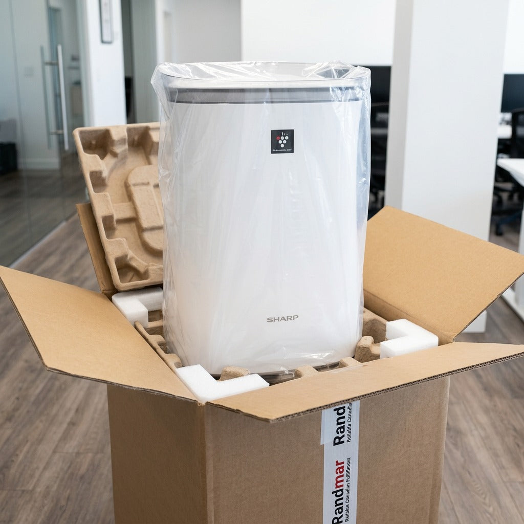 Sharp FPK50UW Air Purifier unboxing with protective poly-wrap and secure foam inserts in a box.