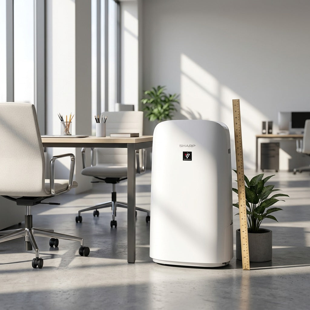 Sharp KCP110CW Air Purifier shown for size reference next to an office desk and a 28-inch ruler.