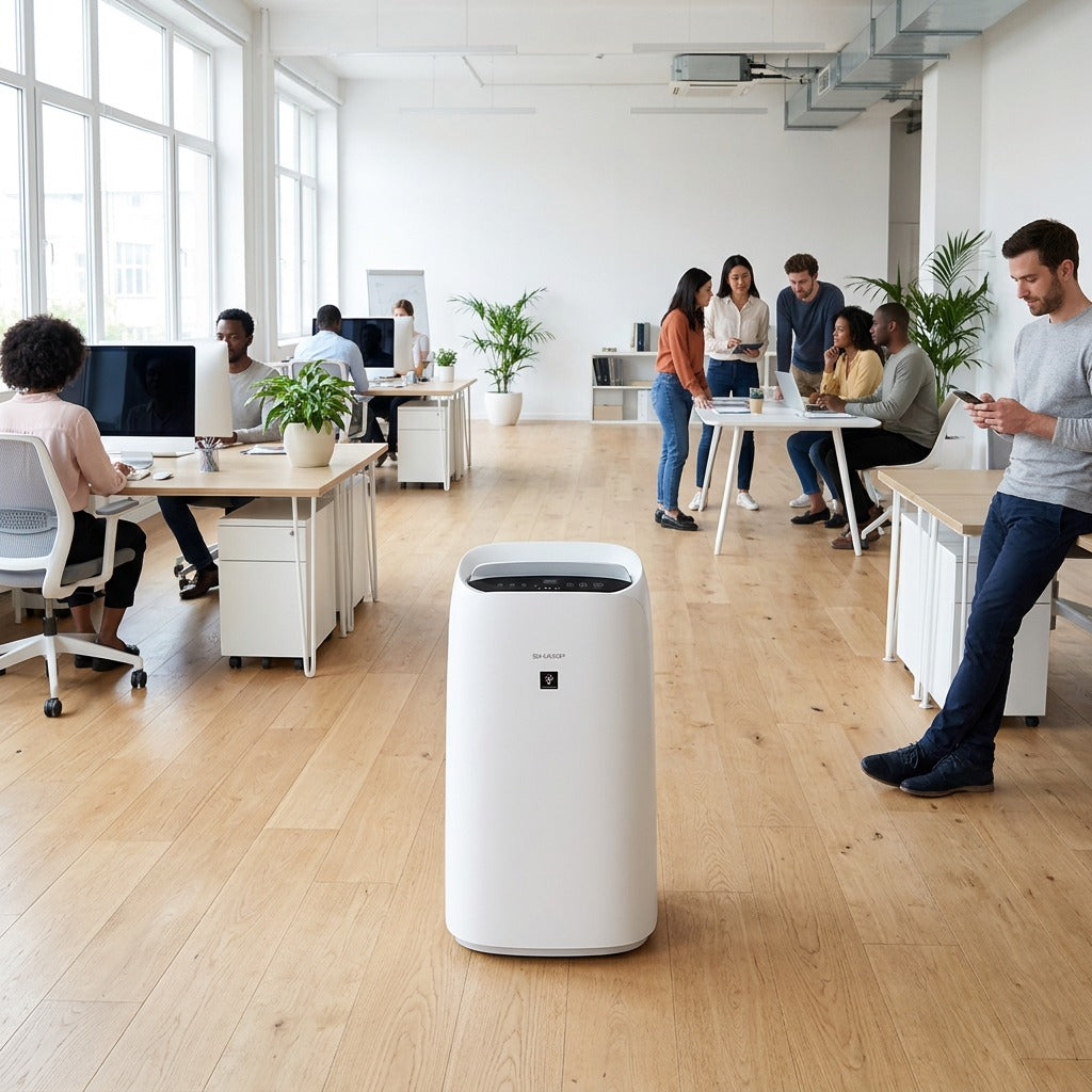 SHARP KCP110CW smart air purifier in a modern, sunlit open-plan office with people working.