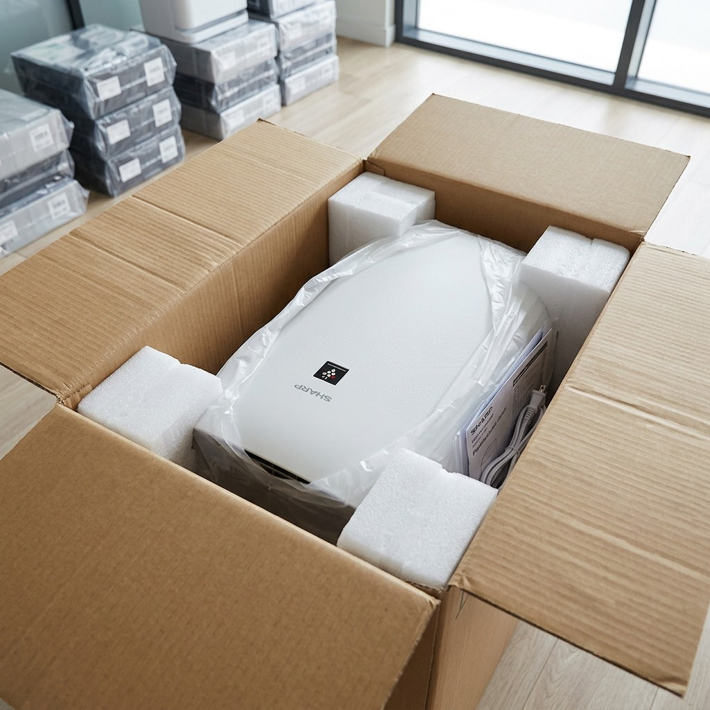 Unboxing of the white SHARP KCP110CW air purifier, secured in a shipping box with foam inserts.