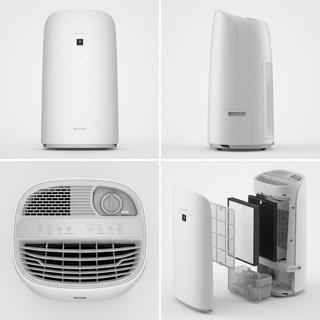Four-panel view of Sharp KCP110CW air purifier showing front, profile, top controls, and internal filters.
