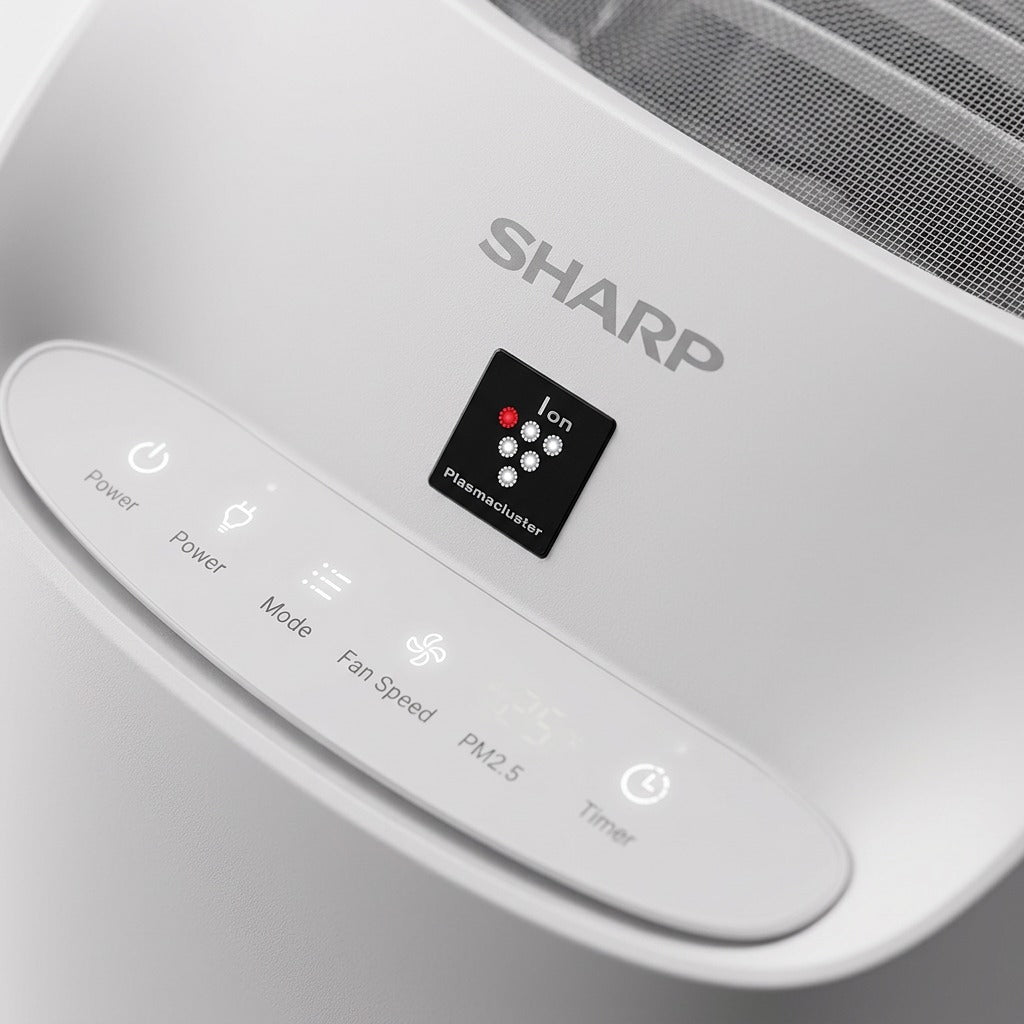 Macro detail of the SHARP KCP110CW air purifier touch panel and Plasmacluster Ion indicator.