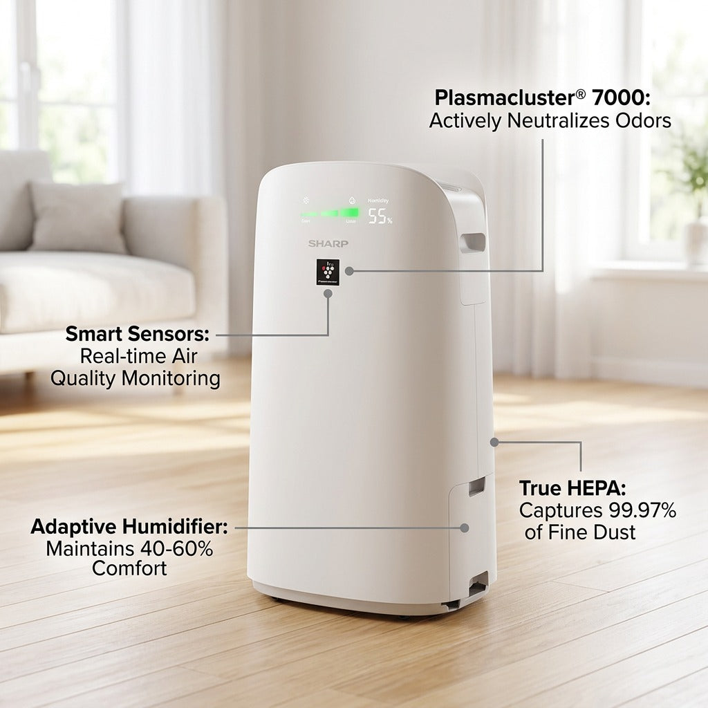 Sharp KCP110CW air purifier features for Plasmacluster 7000, HEPA filter, and smart air sensors.