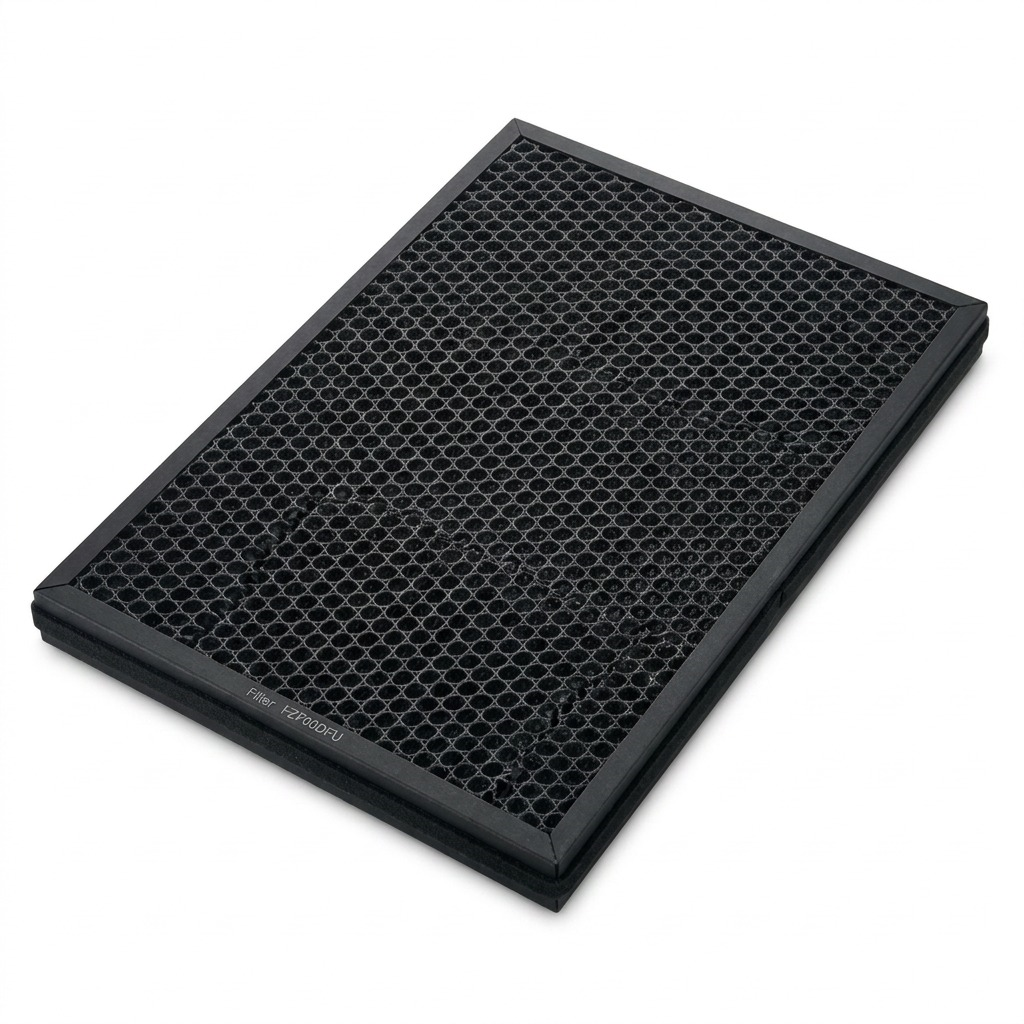 A high-resolution product shot of the Sharp FZF60DFU activated carbon deodorizing filter, showcasing its distinct honeycomb pattern and black frame.