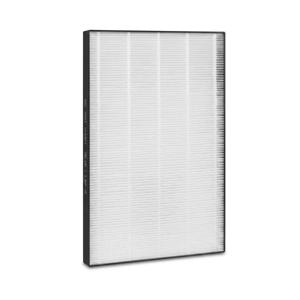 A close-up photograph of the Sharp FZP11HFU True HEPA replacement air purifier filter, featuring white pleated filter media, a black frame, and visible manufacturer markings (like 'DO NOT WASH') in clear, detailed focus. The filter is centered on a clean, solid white background with a soft, natural shadow beneath for a realistic floating effect.