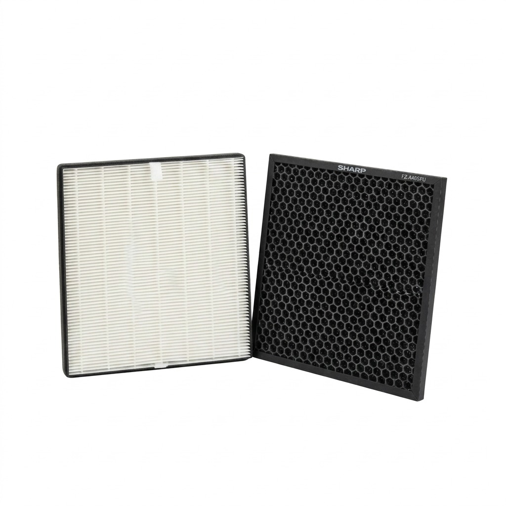 A pristine, two-filter kit of genuine SHARP FZ-A40SFU true HEPA and deodorizing filters on a pure white background.