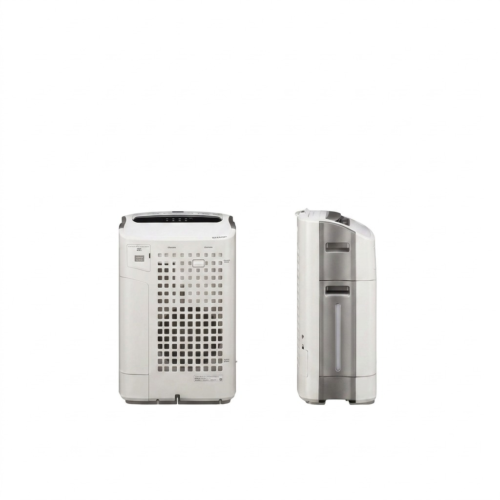 High-resolution hero shot of the white Sharp air purifier, FZC150HFU, showing front and back.