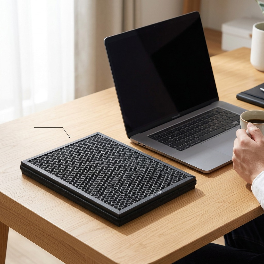A SHARP Canada FZF60DFU filter rests beside an open 15-inch laptop on an oak desk.