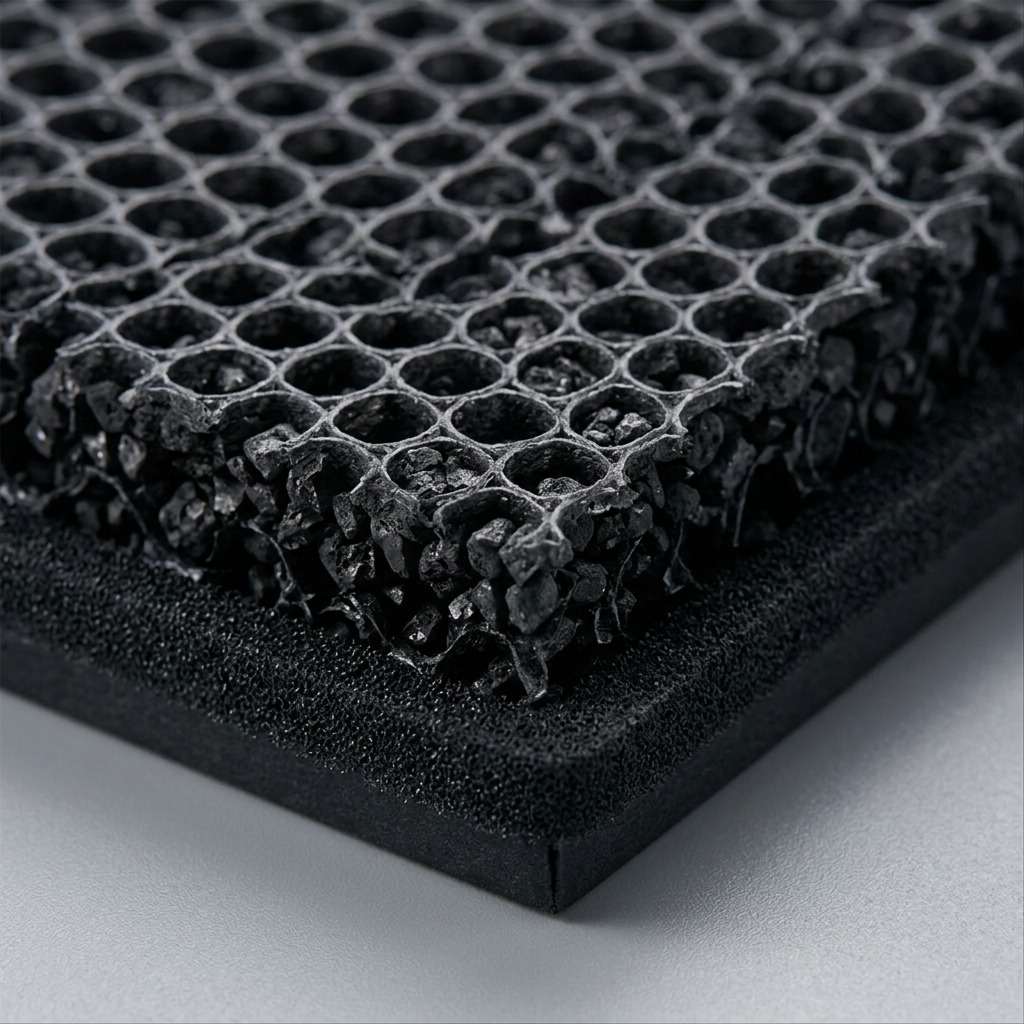 Macro view of SHARP FZF60DFU filter, focusing on the dense carbon hex-structure and foam gasket transition.
