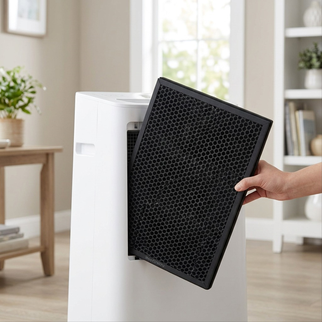 A hand inserts the SHARP carbon filter into a white FP-F60UW purifier in a bright living room.