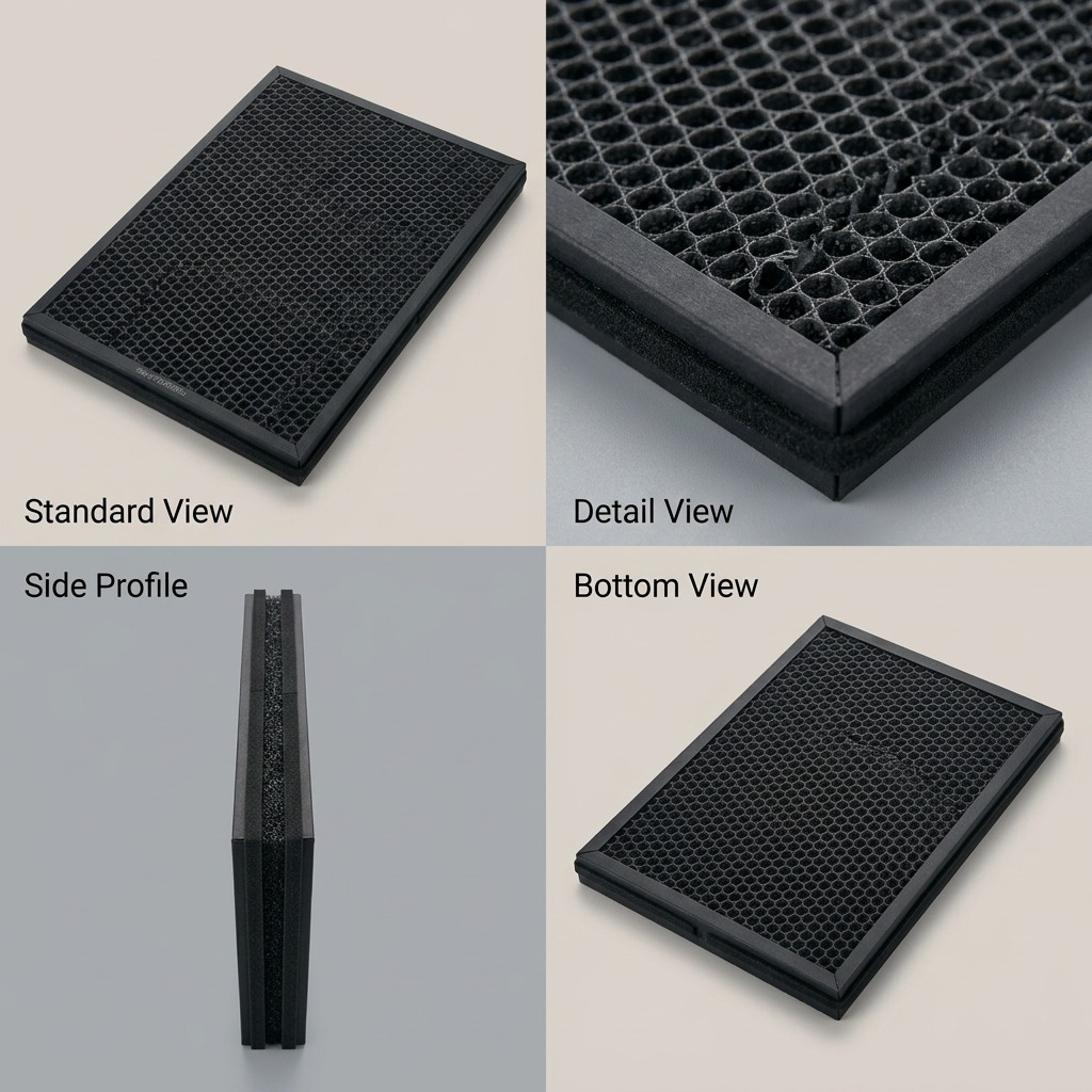 A PDP variant matrix is not possible as there are no verified color or size options. The image instead displays a four-way angle view of the single FZF60DFU filter, showing it from a top 3/4 view, a detail close-up, a side profile, and a bottom view. The product appearance, frame text, and honeycomb structure are identical across all views, arranged in a clean grid.