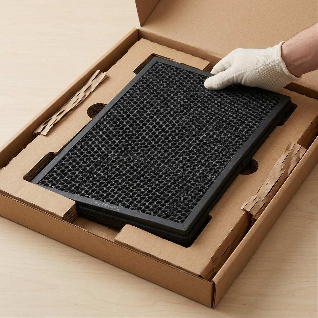 Secure unboxing shot of the Sharp FZF60DFU filter in custom-fit packaging, ensuring safe delivery.