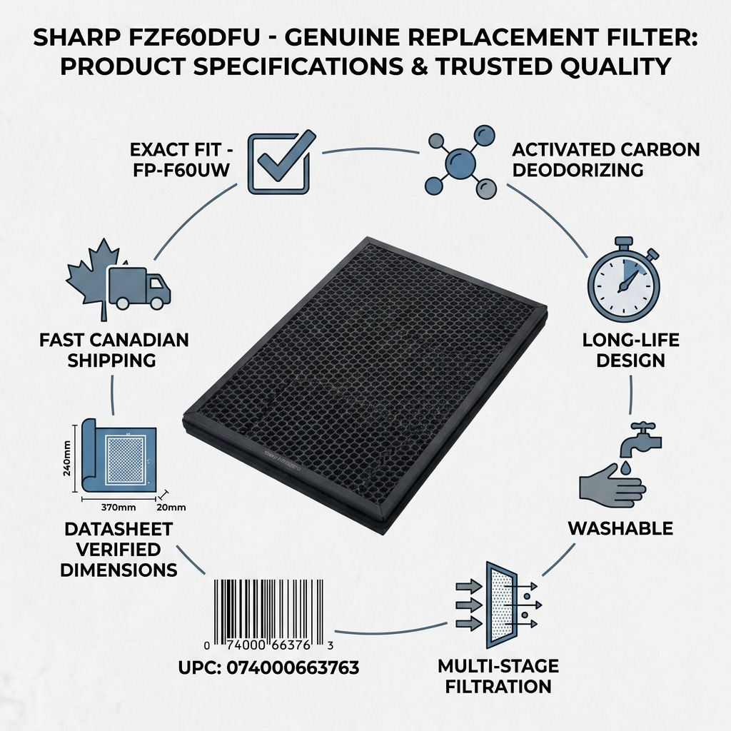 Factual infographic for Sharp FZF60DFU filter, detailing specifications and fast Canadian shipping.