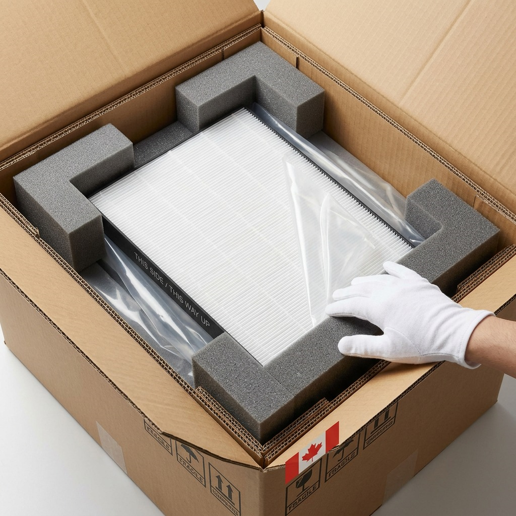 A premium unboxing presentation showing the robustly packaged SHARP FZP11HFU True HEPA replacement filter (image_0.png) with custom foam inserts and a protective film.