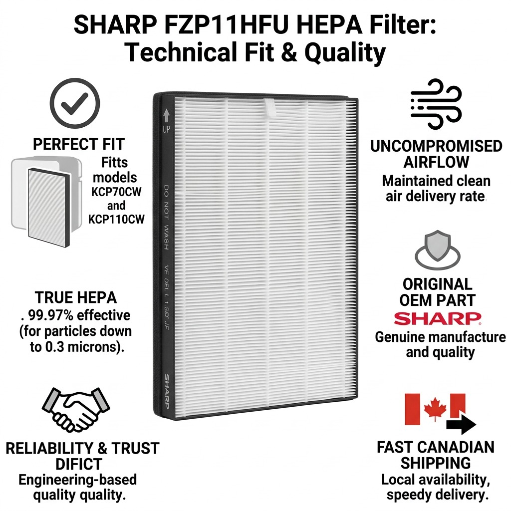 Infographic matrix showing a SHARP FZP11HFU HEPA filter and factual trust icons.
