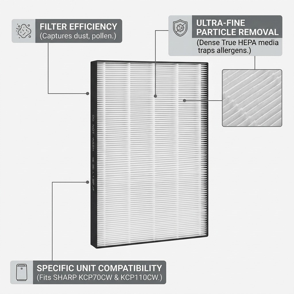 A detailed ecommerce graphic highlighting key features and benefits of the SHARP FZP11HFU True HEPA replacement filter.