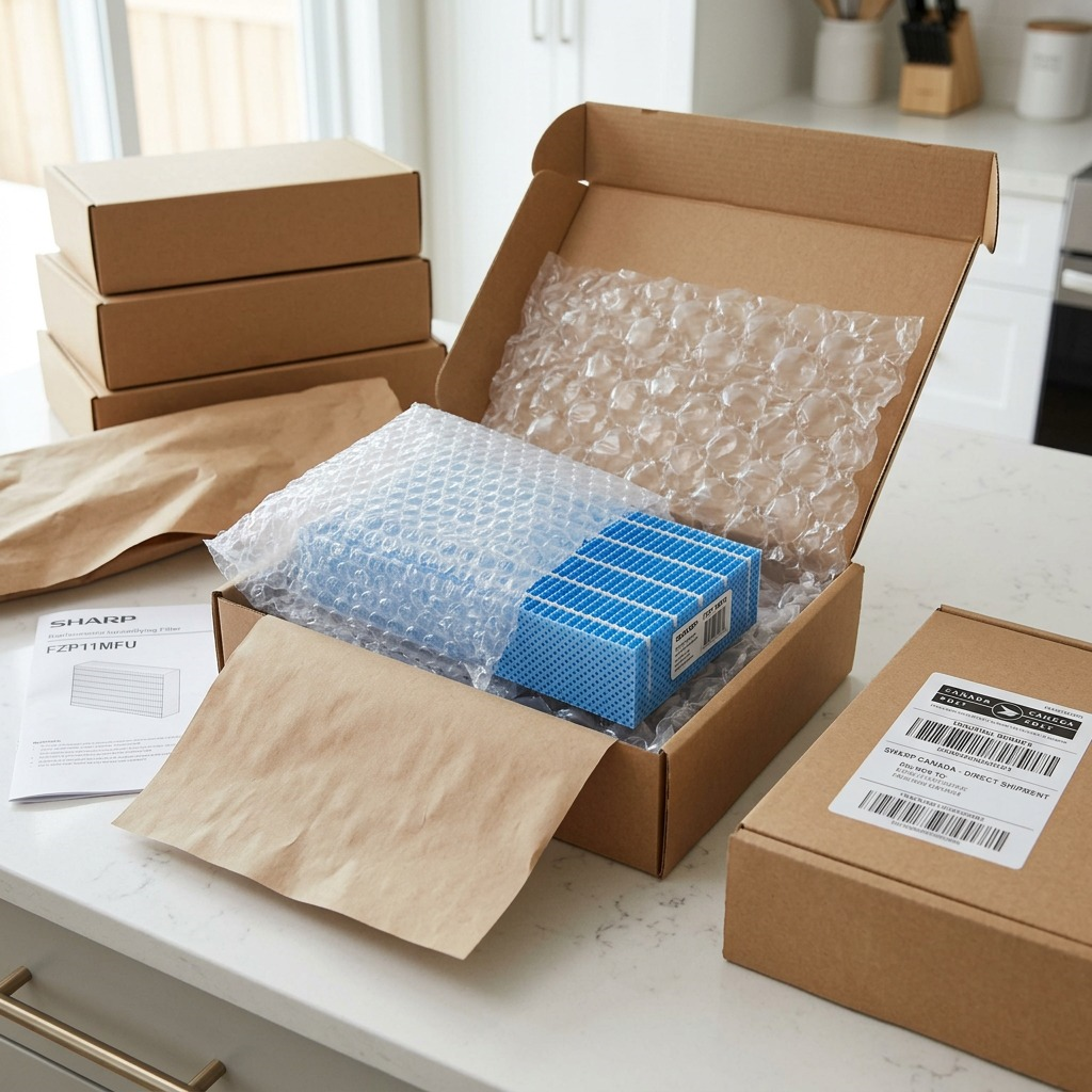 An exact SHARP FZP11MFU filter safely rests inside a clean cardboard box and Protective bubble wrap.