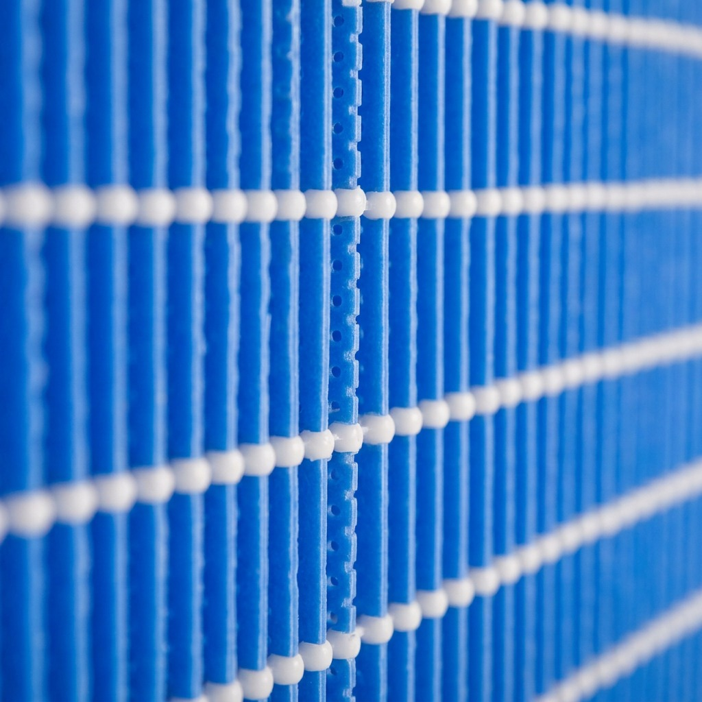 A detailed macro photograph showing the precise blue fiber mesh, white connecting beads, and vertical ribs of the SHARP FZP11MFU filter.