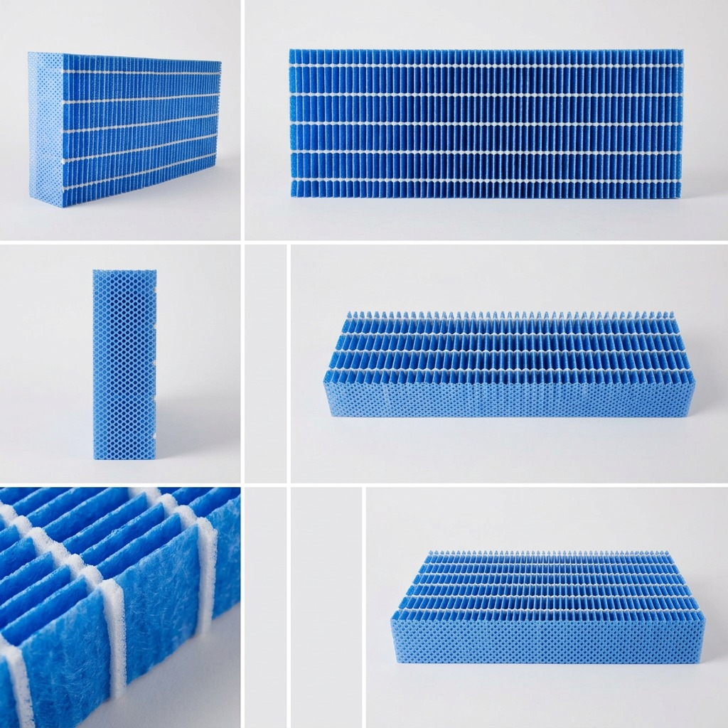 A six-panel matte grid displaying a blue SHARP humidifying filter from various useful angles, highlighting its unique structure.