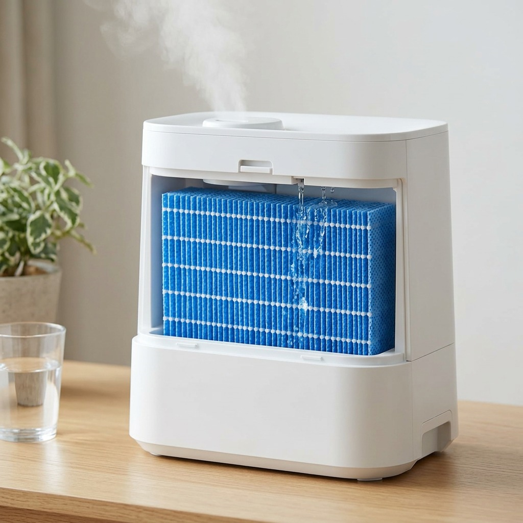 A lifestyle image showing the blue Sharp FZP11MFU humidifying filter from image_0.png correctly positioned inside an opened home humidifier unit, receiving fresh water.