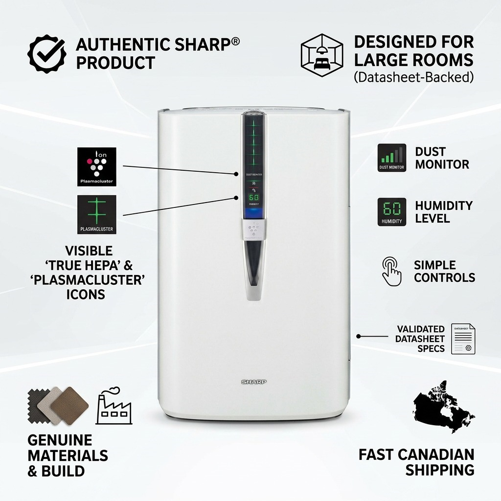 Authentic SHARP KC860U air purifier trust infographic with icons for features, build quality, and fast shipping.