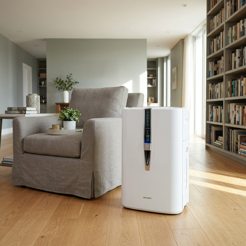 Lifestyle view of the SHARP KC860U air purifier in a large living room, improving air conditions naturally.
