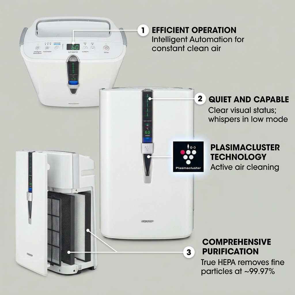 SHARP air purifier feature collage detailing automation, quiet operation, filters, and air data via callouts and illustrations.