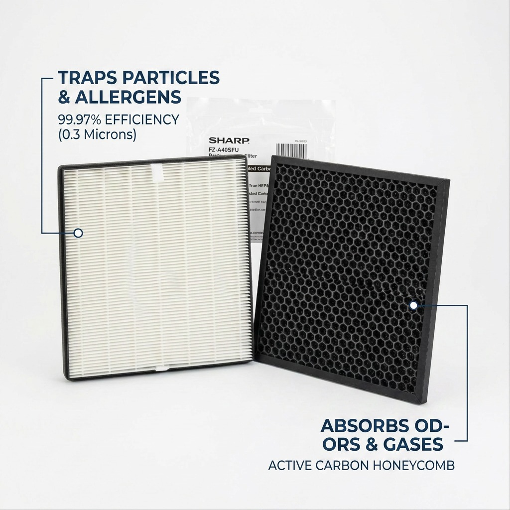 A clean ecommerce-ready feature visualization of the SHARP FZ-A40SFU filter kit in white. The two components are shown in different perspectives with floating, clean text boxes indicating "True HEPA filtration, 99.97% effective at 0.3 microns" and "Honeycomb Activated Carbon Deodorization for odors and harmful gases". A clean background ensures visibility.