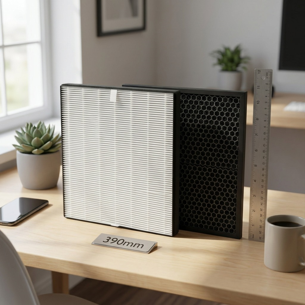 SHARP FZ-A40SFU filter kit shown on a desk beside an object, providing a precise scale reference.