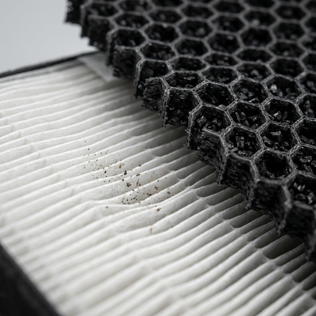 Macro photo detail showing the dark, honeycomb structure of the Activated Carbon filter material in sharp focus.