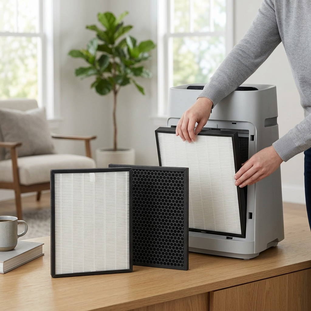 A lifestyle image showing the Sharp FZ-A40SFU HEPA and carbon filters within an air purifier unit.