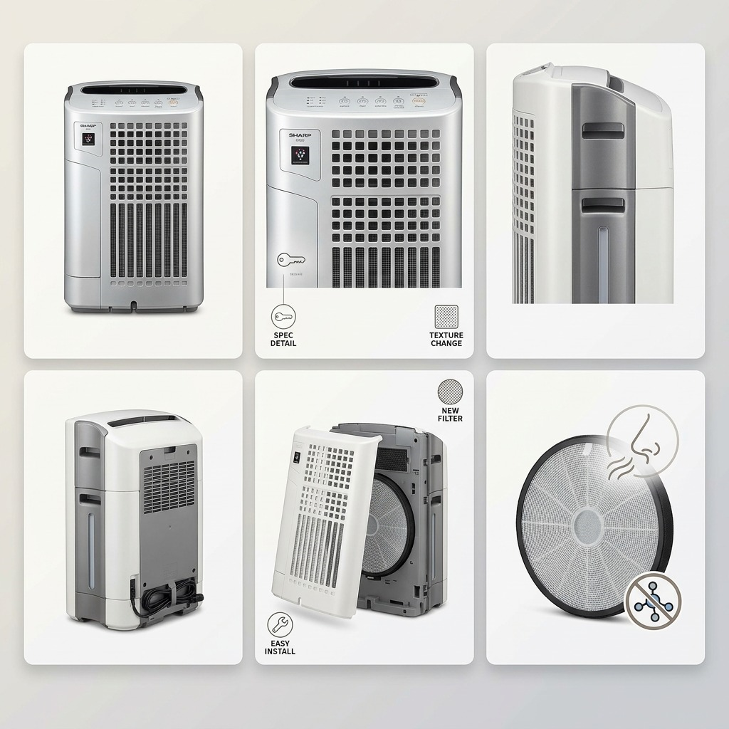 A six-panel image grid showing the replacement filter kit from front, back, side, and component views, including the deodorizing properties.