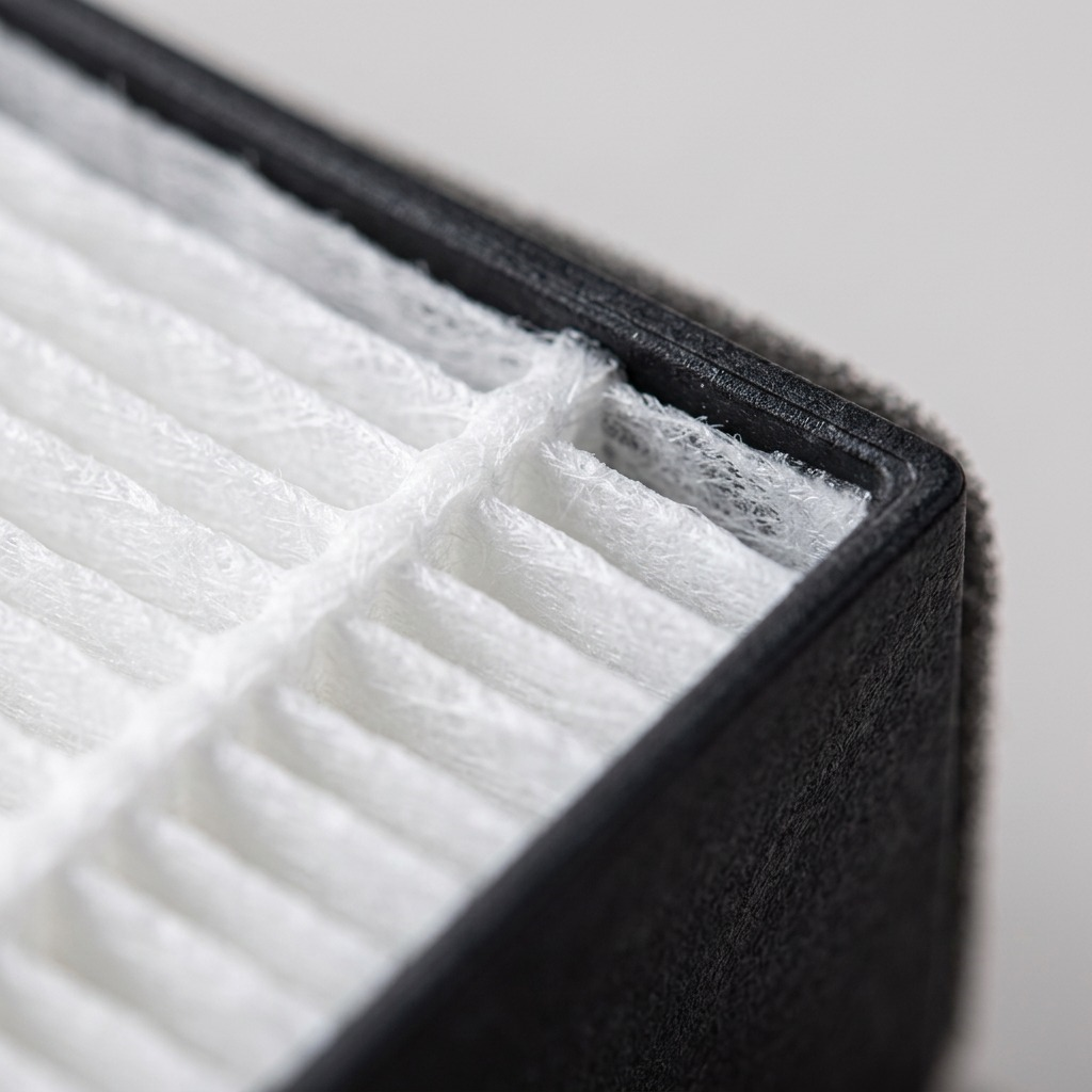 A macro photograph detail of the SHARP FZP30SFU True HEPA replacement filter, showing the tight white pleated media texture and its interface with the dark frame.