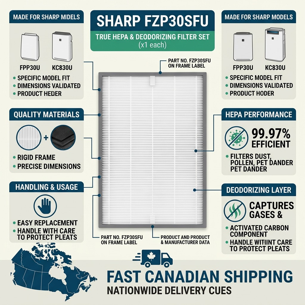 A confidence-boosting infographic matrix featuring the SHARP FZP30SFU True HEPA filter from the reference image, surrounded by factual text and icons detailing its exact fit, high quality, and fast Canadian shipping.