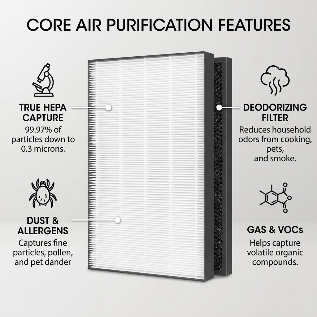 Feature graphic highlighting True HEPA (capturing 99.97% particles) and Deodorizing filters, with callouts.