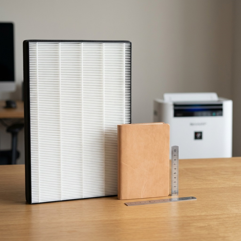 A scale reference displaying the Sharp FZP30SFU True HEPA filter from image_0.png standing vertically on a minimalist oak desk. Next to it, a standard leather journal (Moleskine size) and a 10cm ruler are placed. The background shows a modern home office with a blurred Sharp air purifier. Shot from a slightly low angle with natural daylight. No on-image text or packaging.