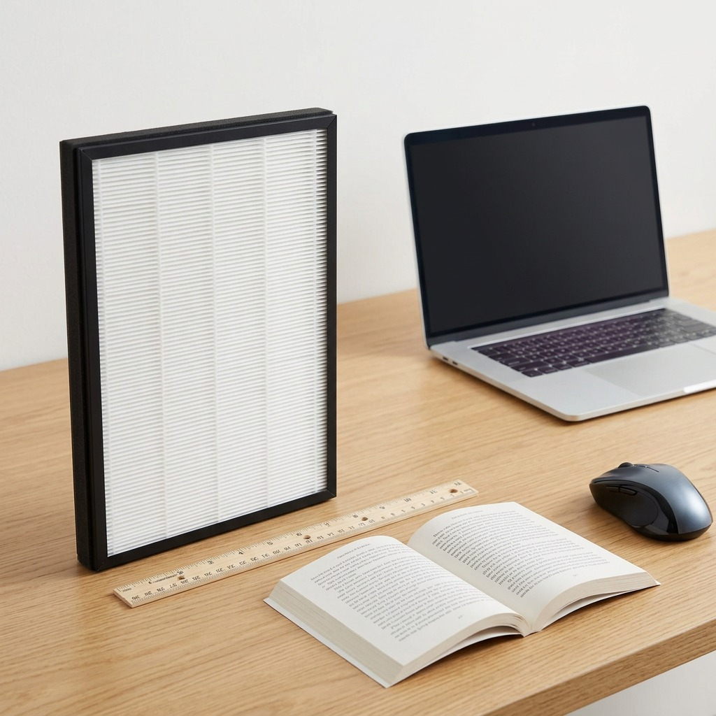 SHARP Canada True HEPA Filter beside common items, showing its compact, precise dimensions.