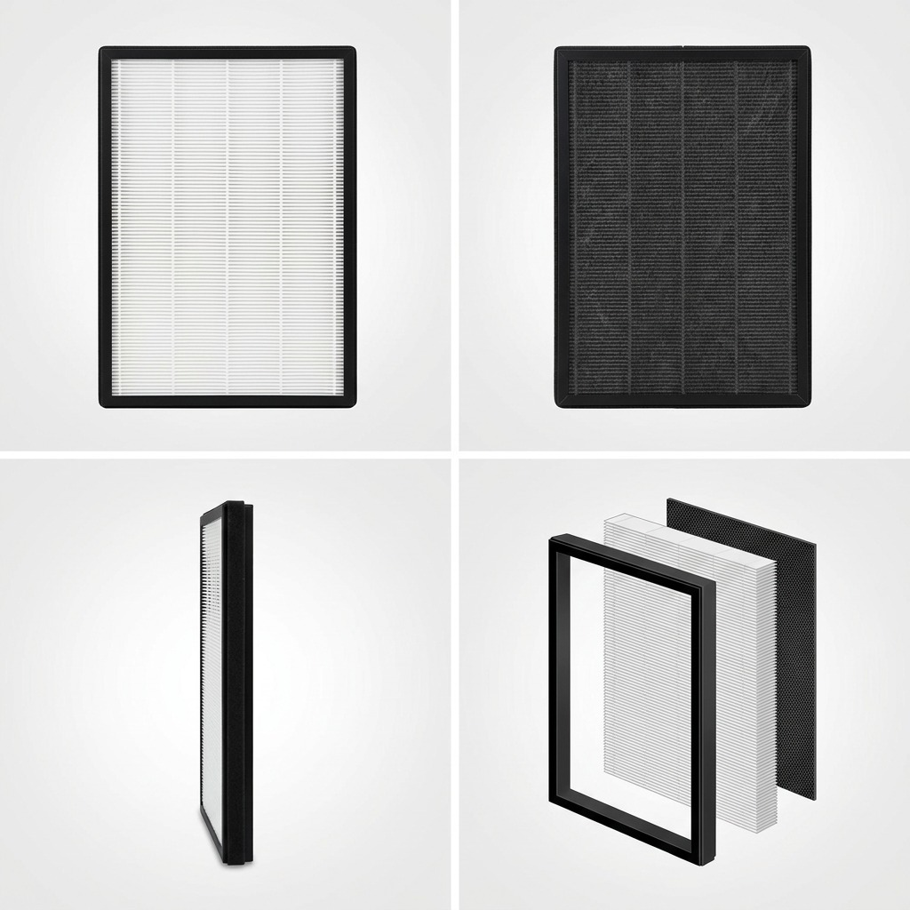 A matrix view showing the Sharp FZ-F50HFU HEPA filter component from four different angles.