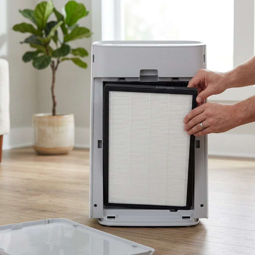A lifestyle photo showing the Sharp FZ-F50HFU HEPA filter being correctly placed inside a compatible air purifier unit in a home setting.