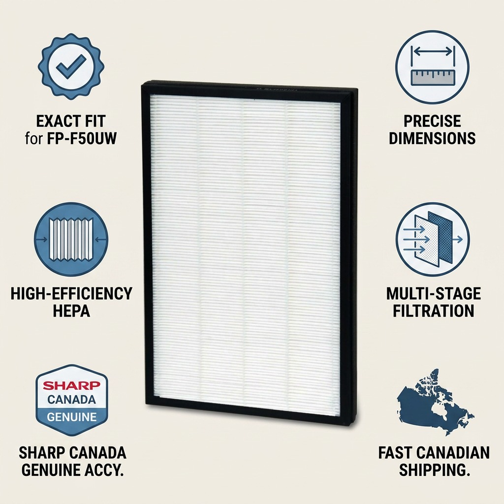 Infographic for Sharp FZ-F50HFU filter with features like exact fit, multi-stage HEPA filtration, and Canada shipping.