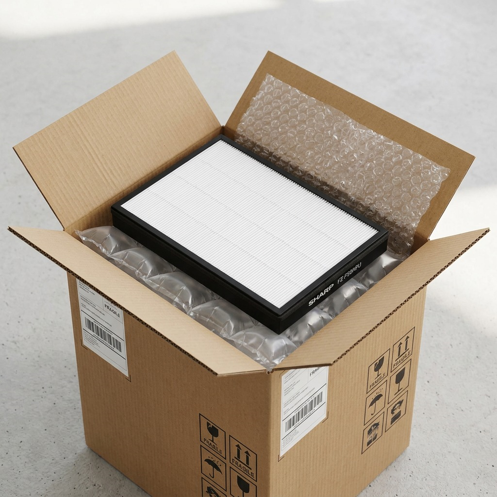 A photo of a SHARP FZ-F50HFU filter arriving in a shipping box, protected by bubble wrap and airbags.