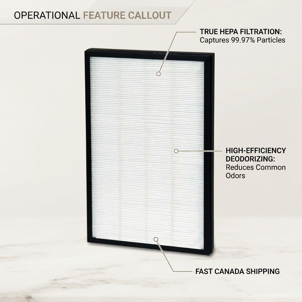 A product feature callout infographic for a black-framed filter, showing True HEPA and deodorizing benefits with fast shipping on a clean background.