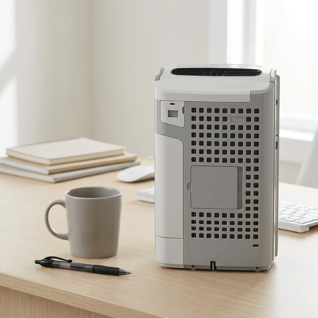 PDP image showing a HEPA filter Next to a pen and coffee mug on a desk, for scale visualization.