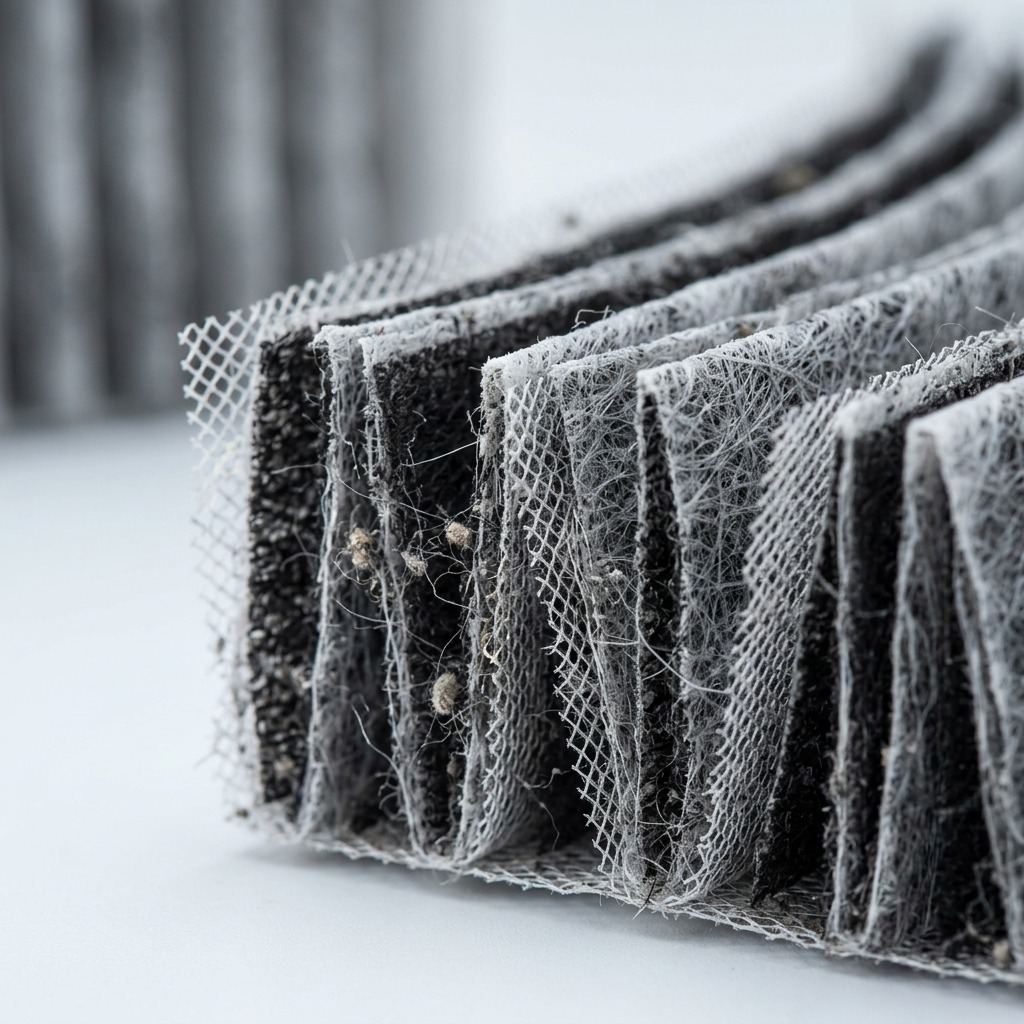 A macro photo shows the intricate HEPA filter fibers and their micro-mesh layers, revealing detail.